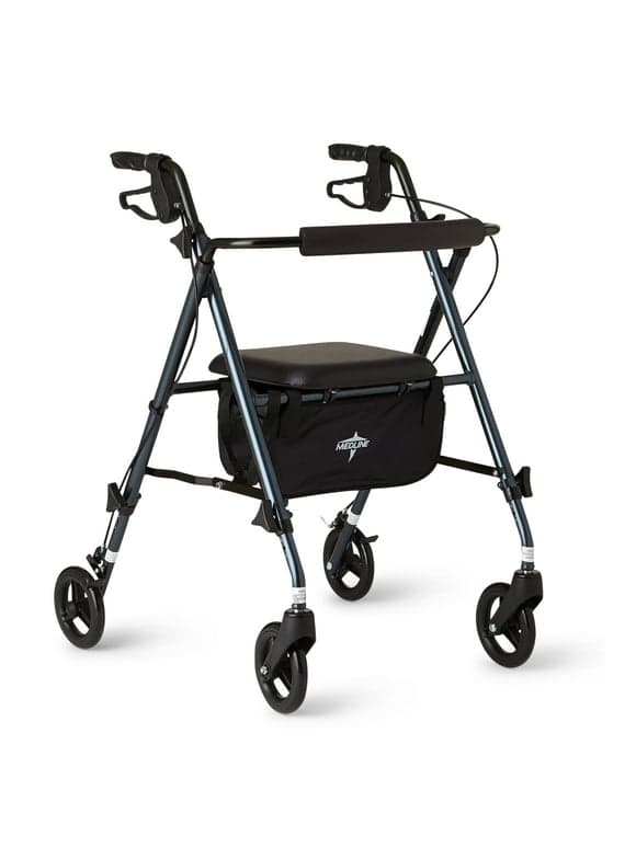 Medline Superlight Folding Aluminum Mobility Rollator Walker, Smoky Blue, 250 lb. Weight Capacity, 6" Wheels, Adjustable Arms and Seat