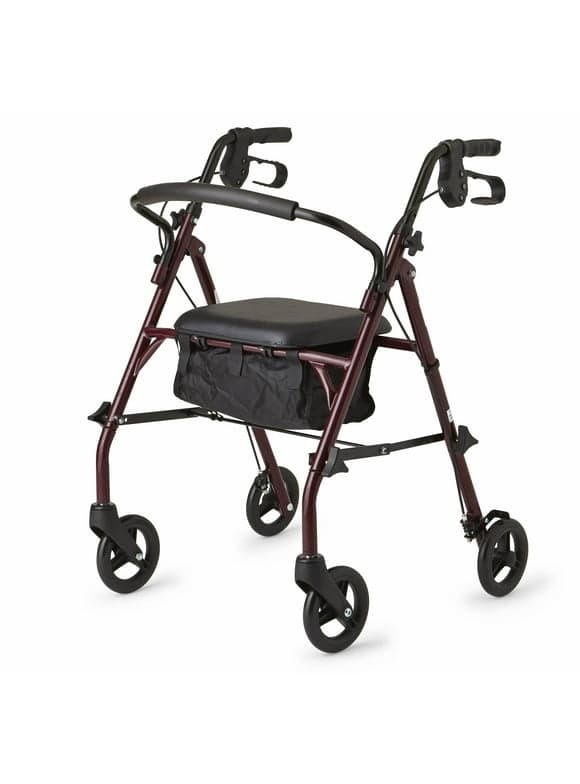 Medline Steel Rollator Walker, Folding Rolling Walker, 6" Wheels, 350lb Weight Capacity, Burgundy Red Frame