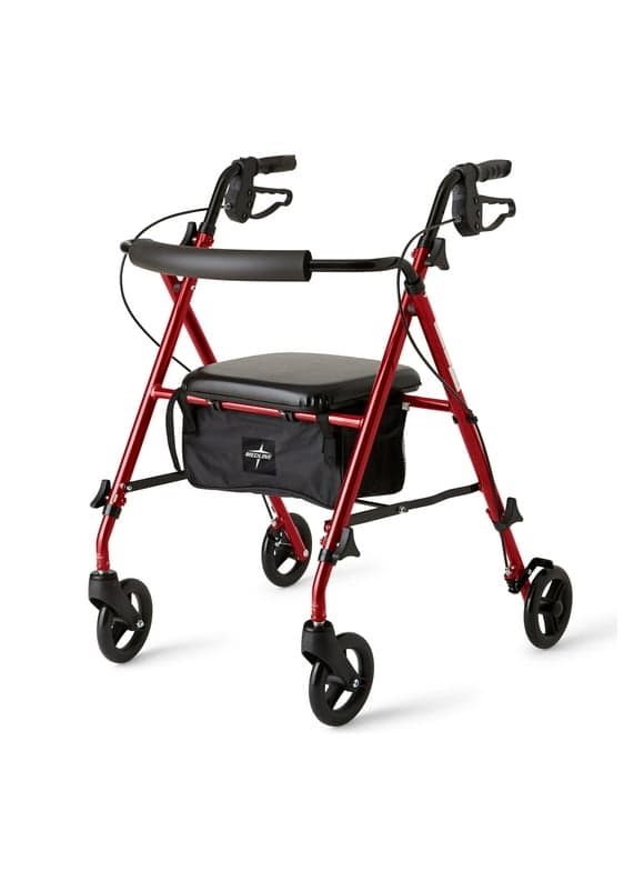 Medline Superlight Folding Aluminum Mobility Rollator Walker, Red, 250 lb. Weight Capacity, 6" Wheels, Adjustable