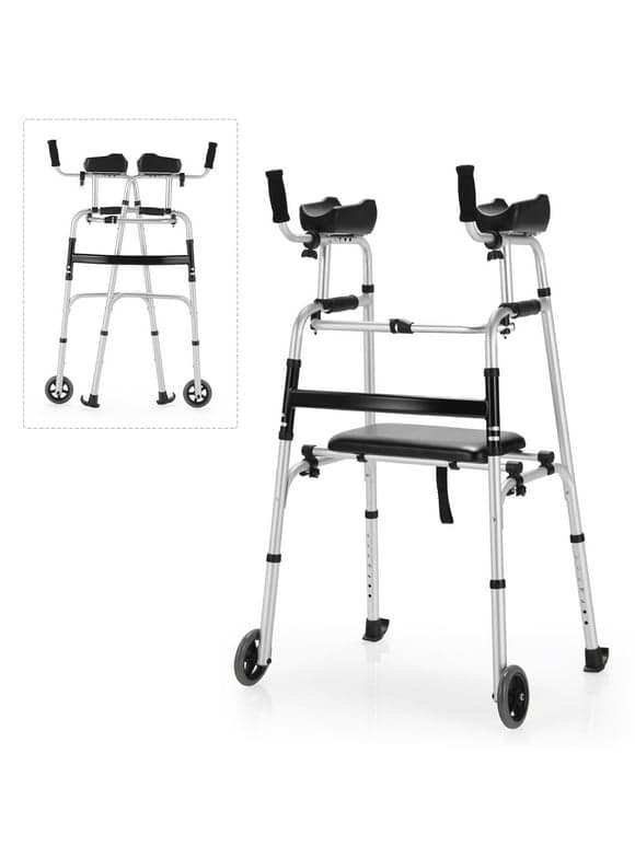 Costway Foldable Aluminum Alloy Walker Wheel Walking Frame with Seat & Armrest Pad