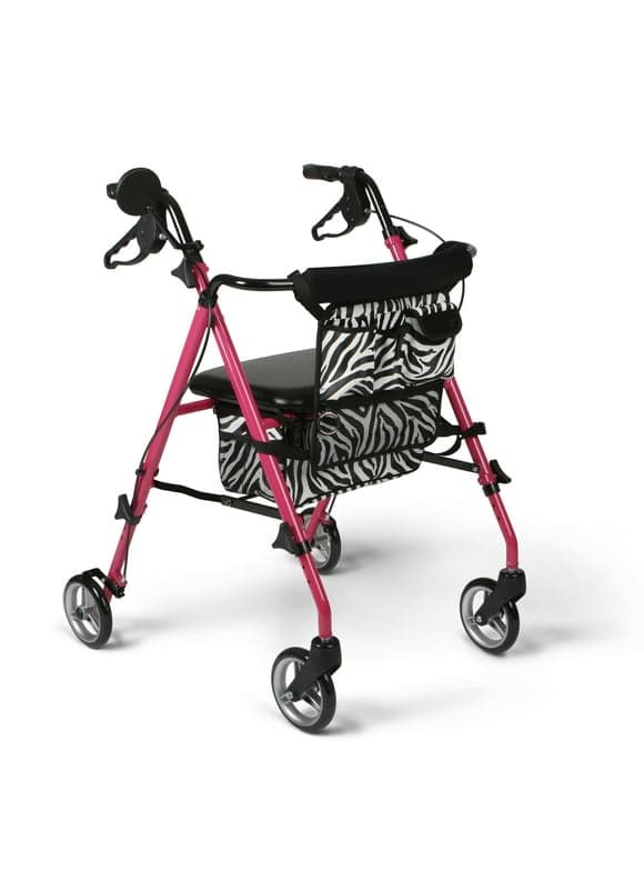 Medline Posh Premium Lightweight Aluminum Rollator Walker, Pink & Zebra Print, 250 lb. Weight Capacity, 6 Wheels