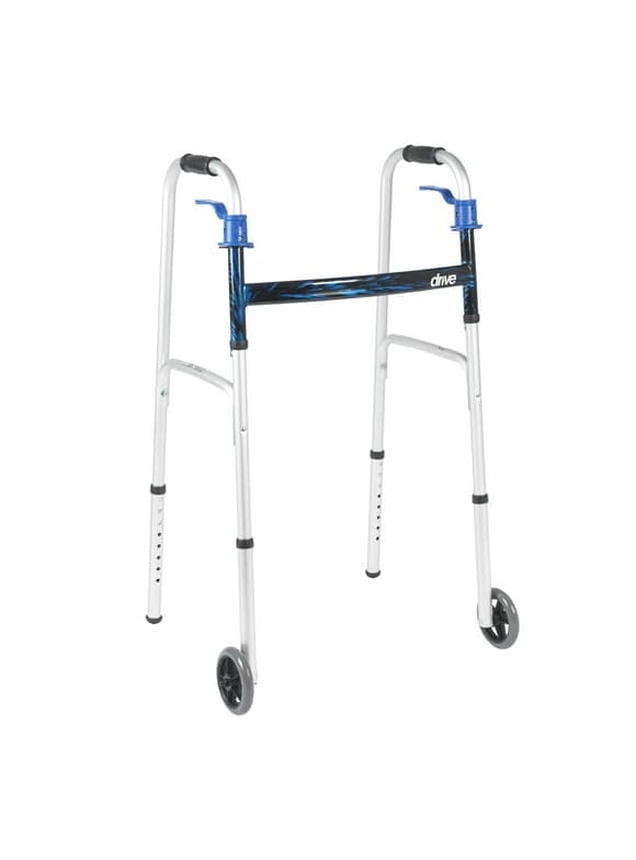 drive Aluminum Flame Blue Dual Trigger Release Folding Walker with Wheels Adjustable Height up to 350 lbs 32 to 39" H