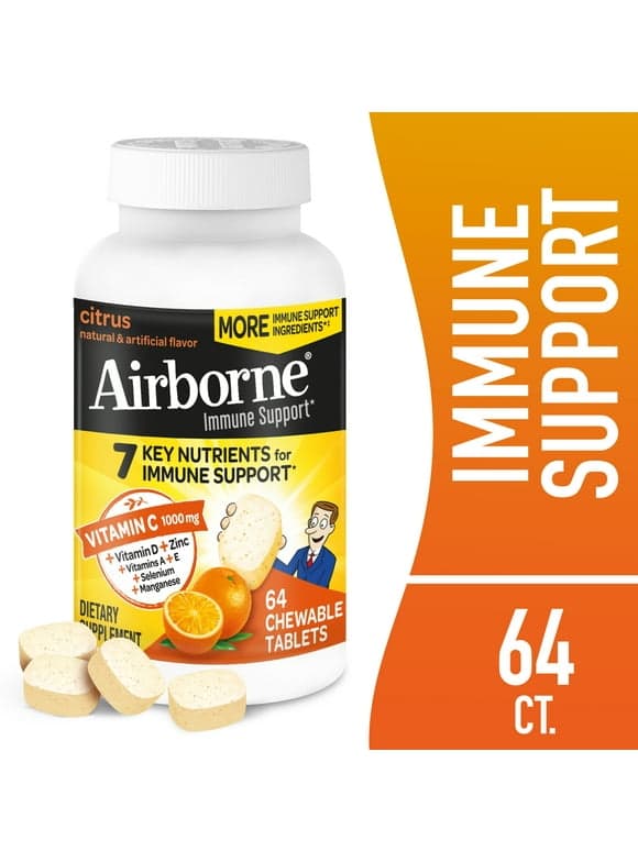 Airborne 1000mg Vitamin C Immune Support Chewable Tablets, Multivitamin Supplement, Citrus Flavor, 64 ct