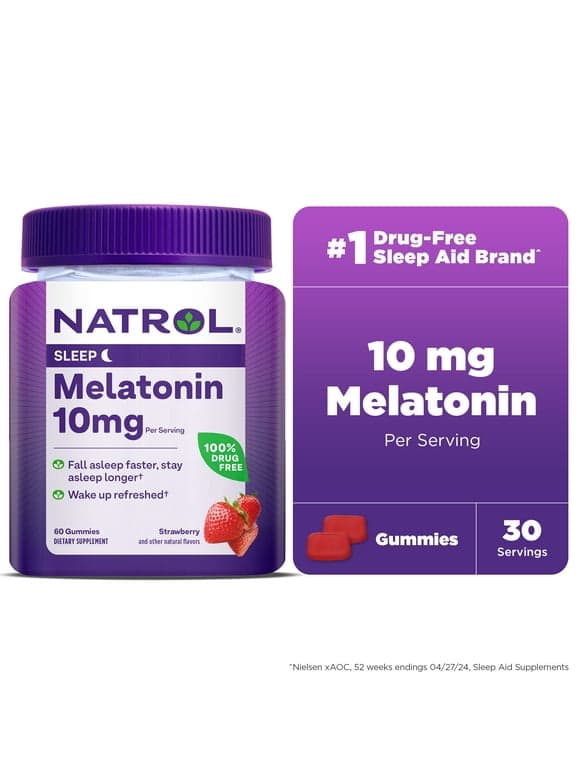 Natrol Melatonin Sleep Aid Gummies, Fall Asleep Faster, Strawberry, 10mg, 60 Count