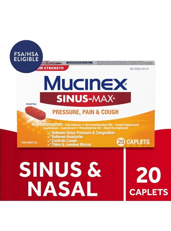 Mucinex Sinus-Max Pressure, Pain & Cough Medicine, OTC Headache Relief, Nasal Decongestant, 20 Caplets