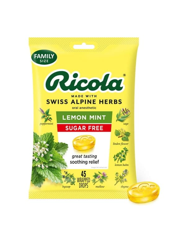 Ricola Sugar Free Lemon Mint Throat Drops, Refreshing Throat Relief - 45 Ct