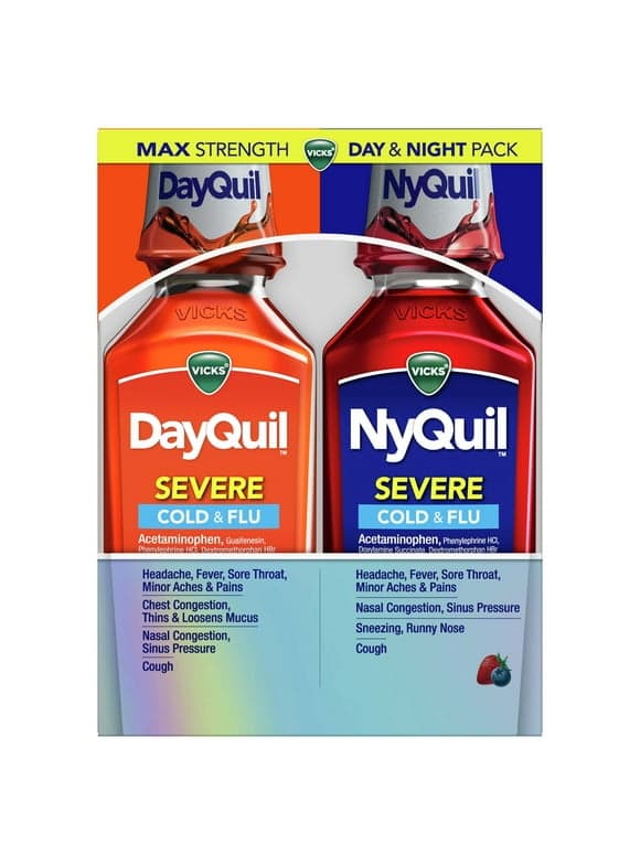 Vicks DayQuil and NyQuil Severe Cold and Flu Liquid Medicine, over-the-Counter Medicine, 2x12 fl oz