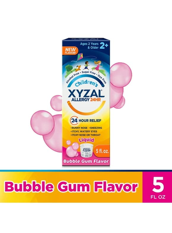 Xyzal 24 Hour Children's Antihistamine Medicine for Kids Allergy Relief, 2.5 mg Levocetirizine, Bubble Gum Flavor, 5 fl oz