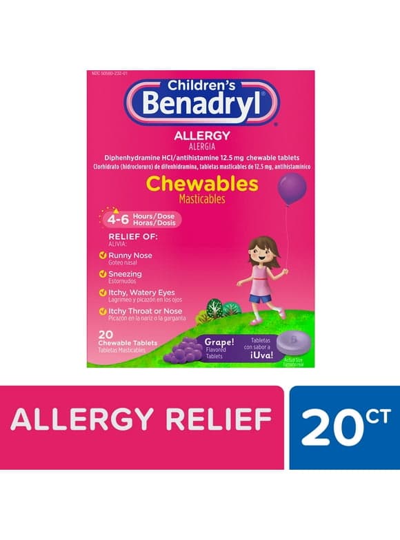 Children's Benadryl Allergy Relief Chewable Tablets, Grape, 20 Ct