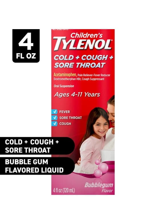 Children's Tylenol Cold, Cough, and Sore Throat, Bubblegum, 4 fl. oz