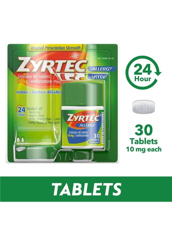 Zyrtec 24 Hour Allergy Relief Tablets with 10 mg Cetirizine HCl, 30 Ct