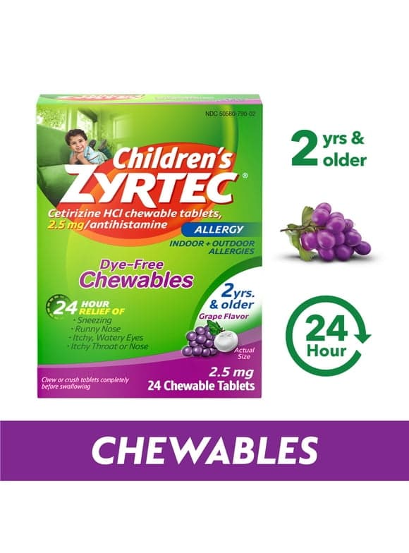 Zyrtec 24 Hour Children's Allergy Chews, 2+ yrs, 2.5 mg Grape, 24 Ct