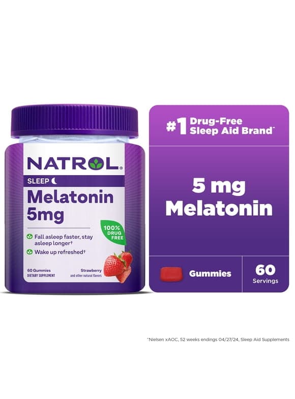 Natrol 5mg Melatonin Gummies, Sleep Support for Adults, Melatonin Supplements for Sleeping, 60 Strawberry-Flavored Gummies, 30 Day Supply