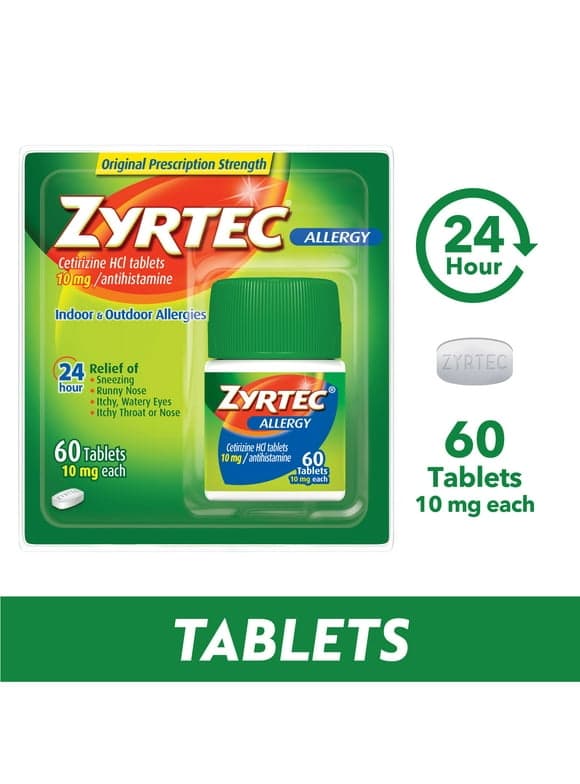 Zyrtec 24 Hour Allergy Relief Tablets with 10 mg Cetirizine HCl, 60 Ct