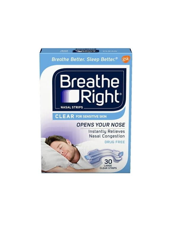 Breathe Right Original Clear Nasal Strips, Nasal Congestion Relief due to Colds & Allergies, Large, Clear for Sensitive Skin, Drug-Free, 30 count