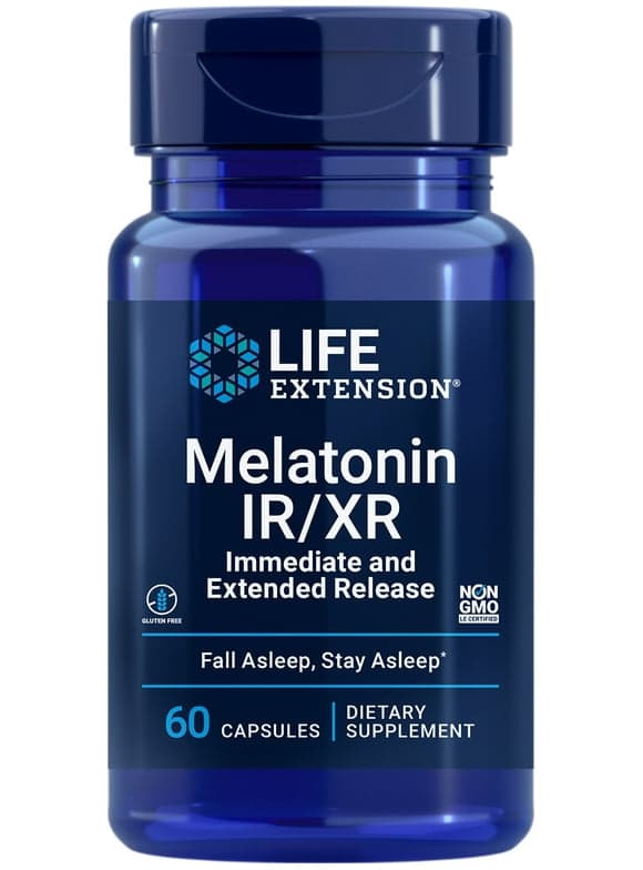 Life Extension Melatonin IR/XR - Immediate & Extended-Release - Up to 7 Hours Sleep Support, Regular/Healthy Sleep Patterns - Gluten-Free, Non-GMO - 60 Capsules