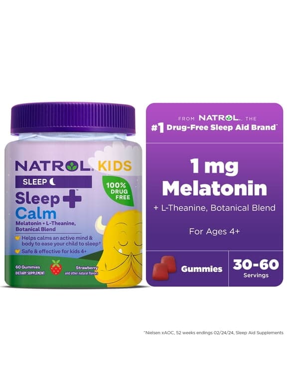 Natrol Kids Sleep+ Calm, Melatonin and L-Theanine, Sleep Gummies for Kids, Strawberry Flavor, 60 Count